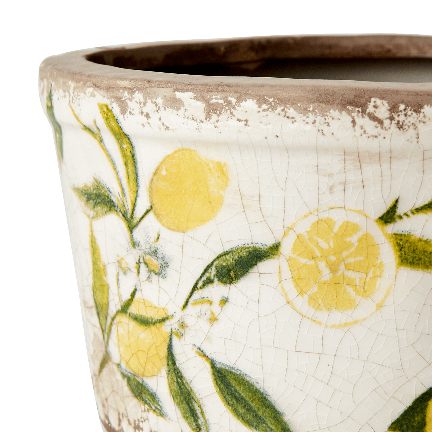 Lemona blomsterpotte fra Affari i keramikk med et vakkert sitron mønster og vintage preg, alle er unike. Fyll den med dine favoritt planter og blomster. Dekorer både hjemmet og hytta.