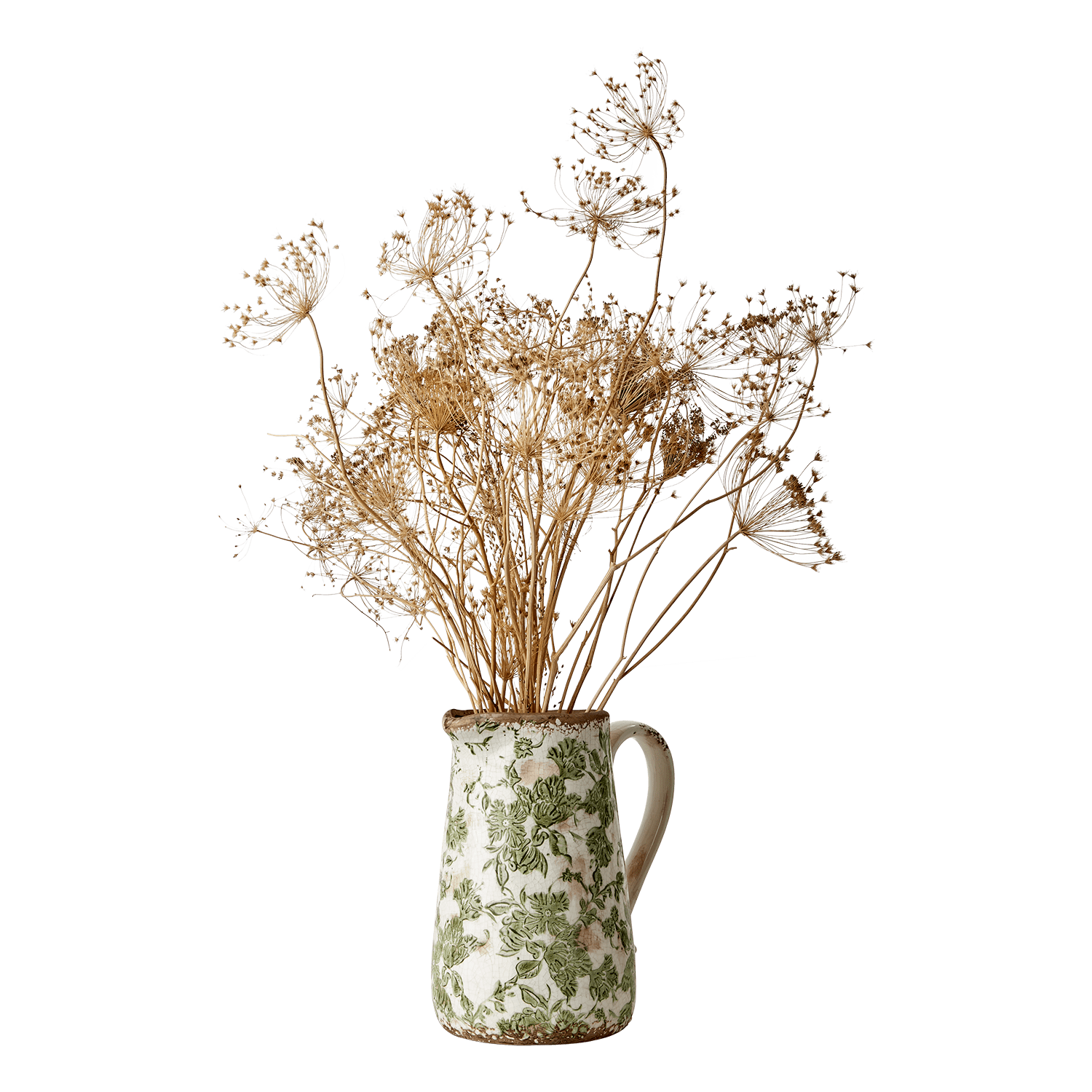 Fra Affari of Sweden, Victoria keramikk vase med håndtak og vakkert grønt mønster. Vasen har et vintage preg og alle er unike. Fyll den med blomster eller kvister og la den pryde hjemmet ditt.