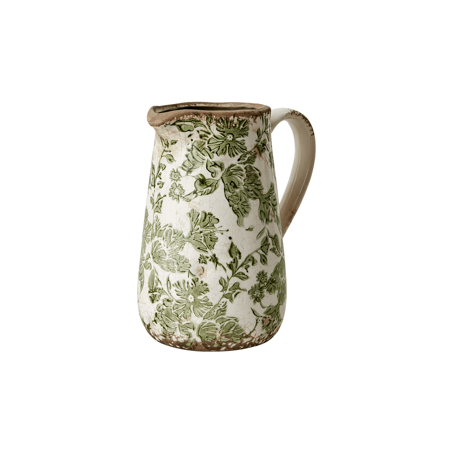 Victoria keramikk vase med håndtak og vakkert grønt mønster. Vasen har et vintage preg og alle er unike. Fyll den med blomster eller kvister og la den pryde hjemmet ditt. Fra Affari of Sweden.