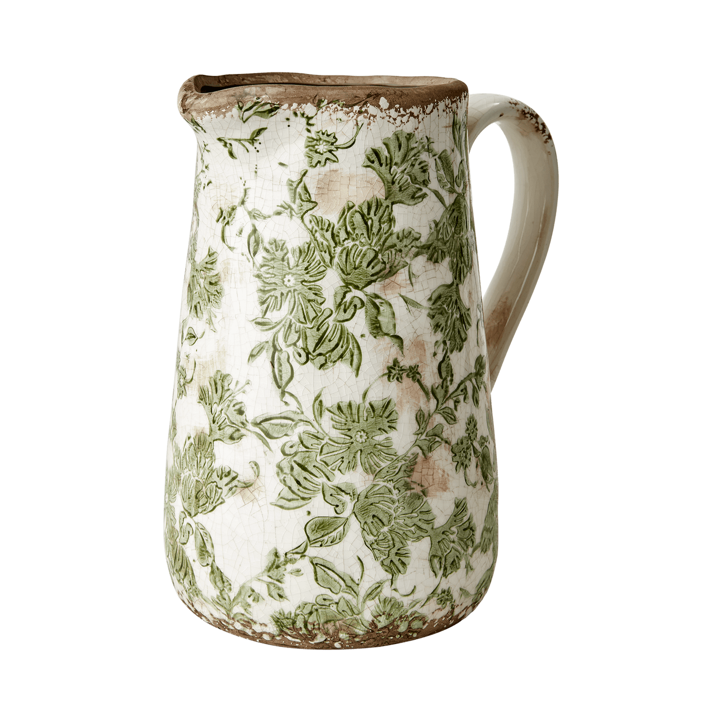 Victoria keramikk vase med håndtak og vakkert grønt mønster. Vasen fra Affari of Sweden har et vintage preg og alle er unike. Fyll den med blomster eller kvister og la den pryde hjemmet ditt.