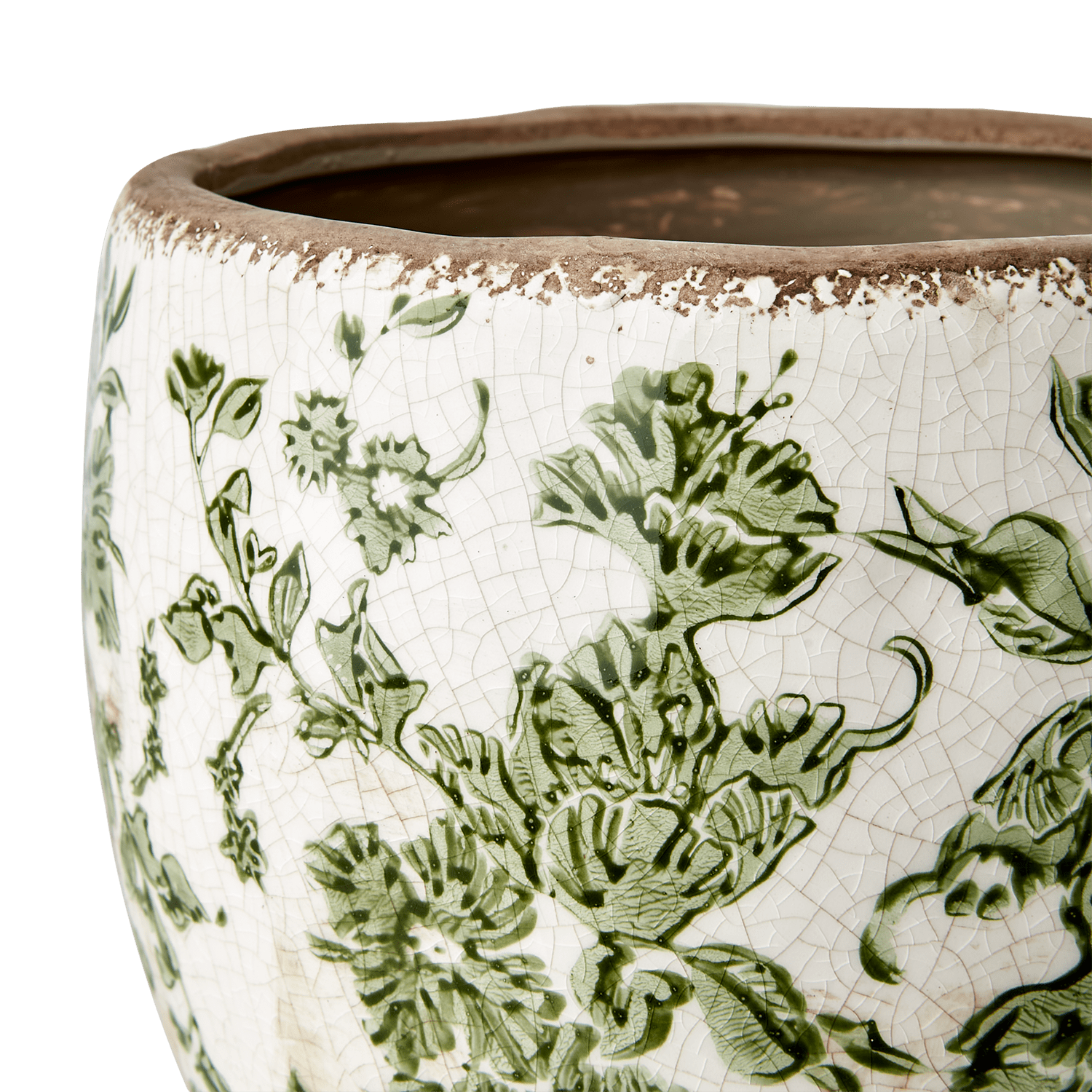 En blomsterpotte i keramikk fra Affari med et vakkert grønt mønster og vintage preg, alle er unike. Fyll potten med dine favoritt planter og urter og dekorer både hjemmet og hytta.