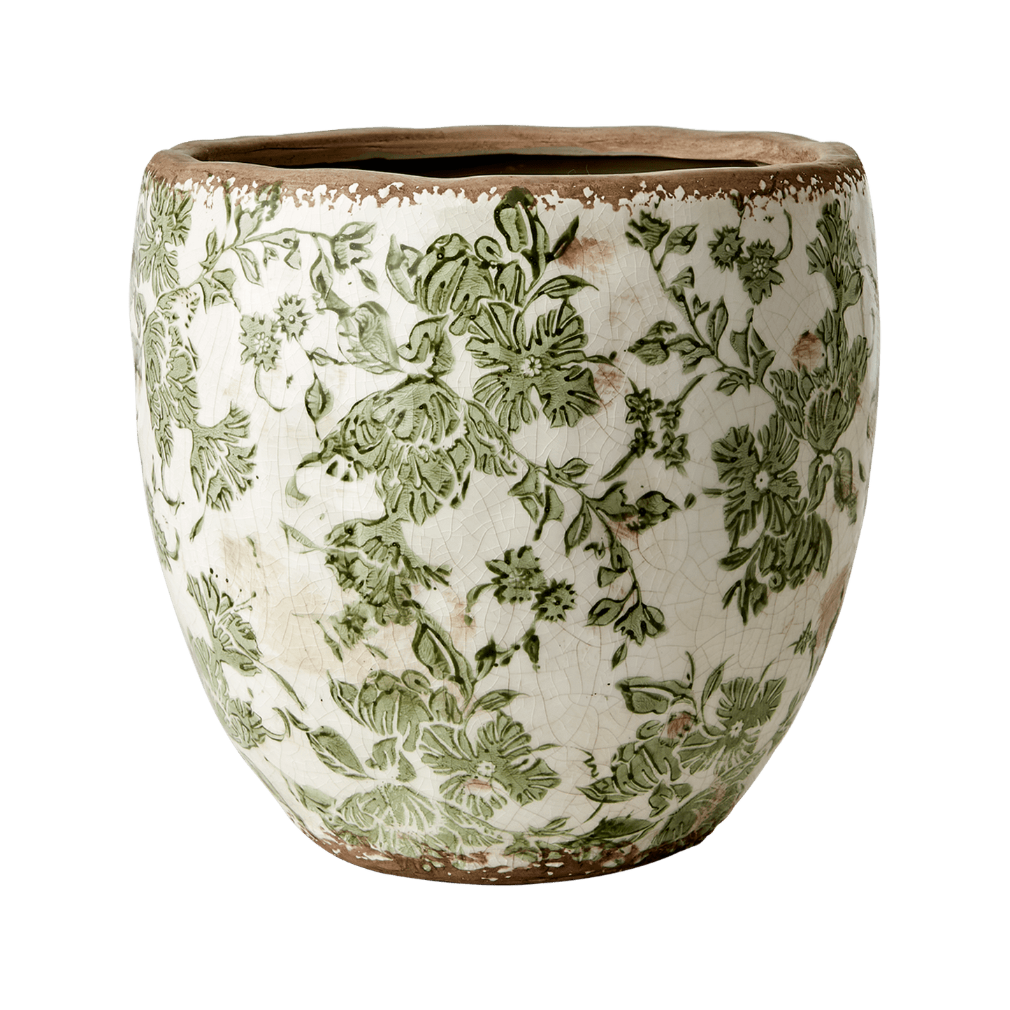 En blomsterpotte i keramikk med et vakkert grønt mønster og vintage preg, alle er unike. Fyll potten med dine favoritt planter og urter og dekorer både hjemmet og hytta. Fra Affari of Sweden.