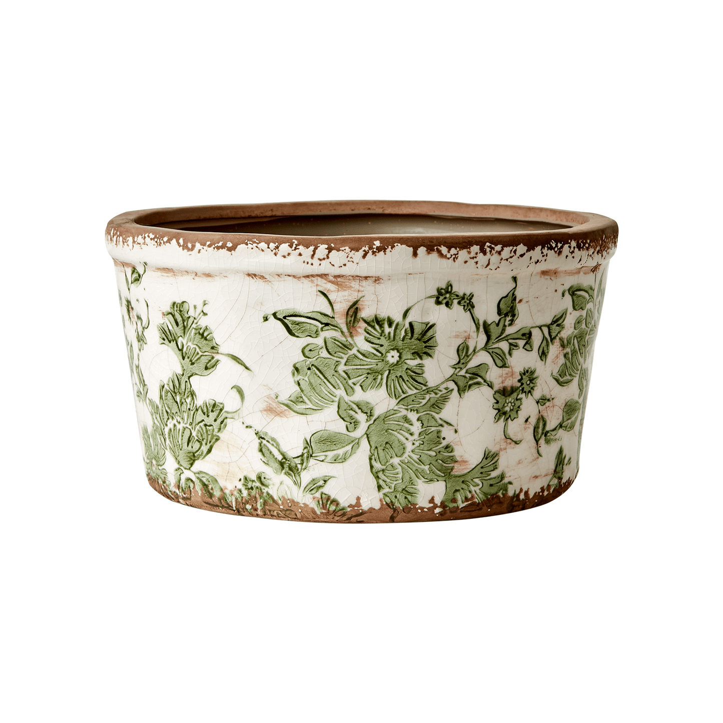 En lav blomsterpotte fra Affari i keramikk med et vakkert grønt mønster og vintage preg, alle er unike. Fyll den med dine favoritt planter og blomster. Dekorer både hjemmet og hytta.