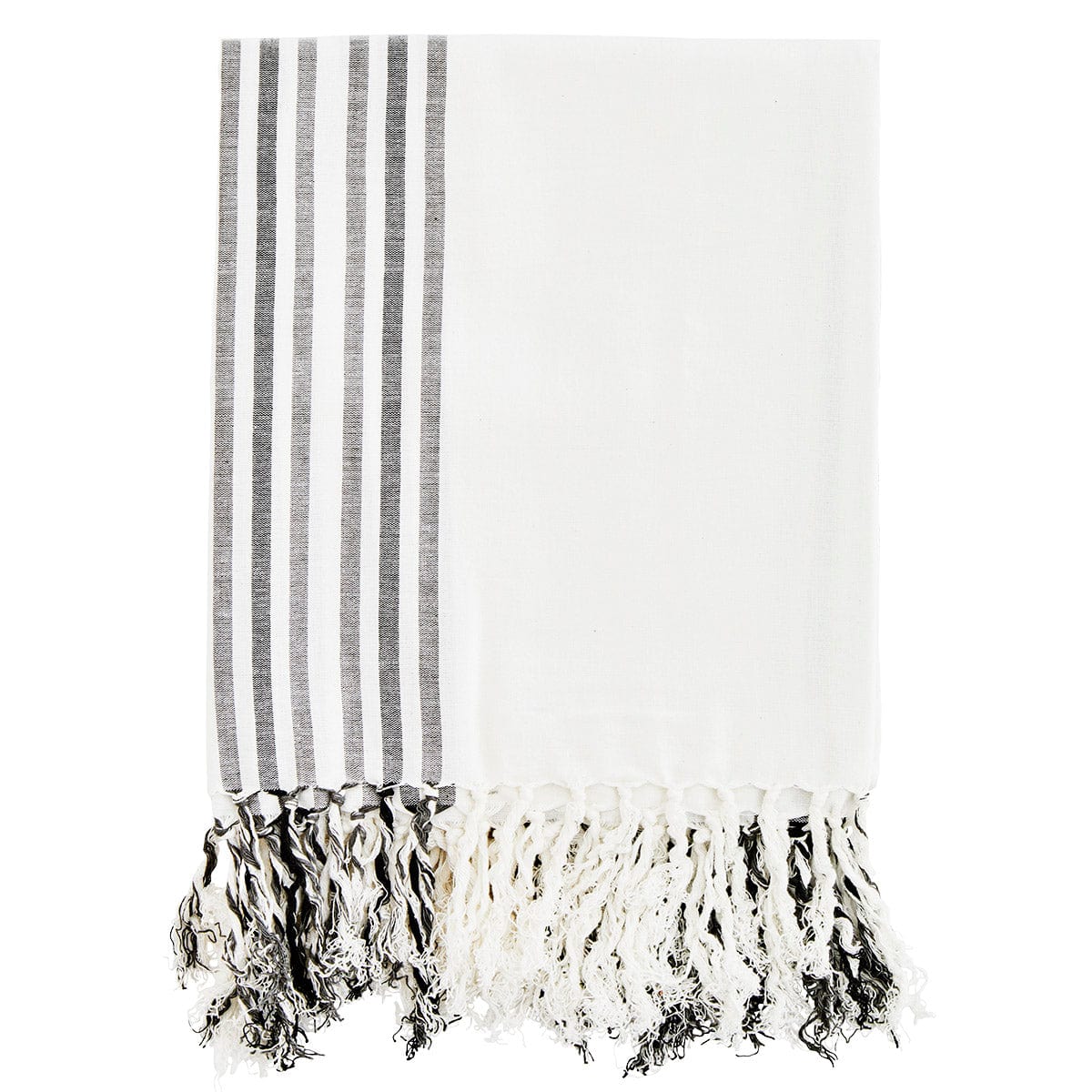 Deilig bomullshåndkle med frynser. Hamam håndklær tørker raskt, tar liten plass og er perfekt i strandvesken eller piknik kurven. Off-white og grått. 